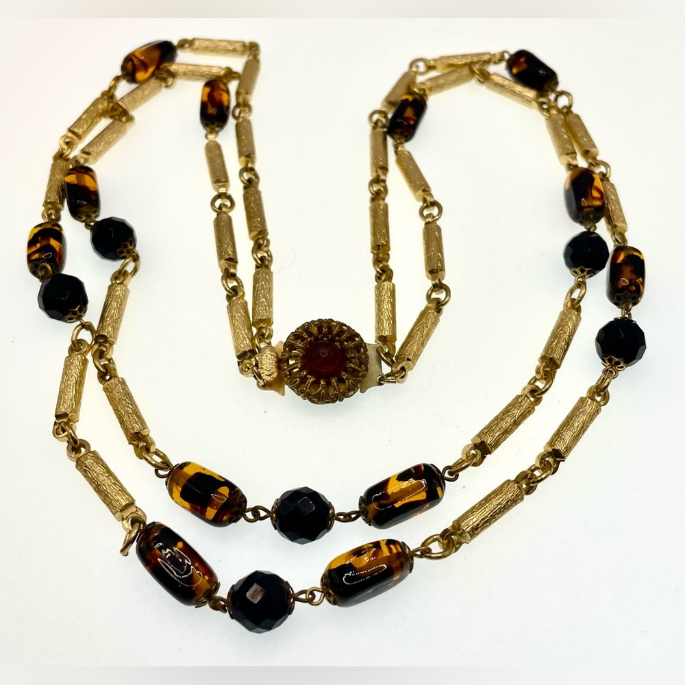 Vintage Double Strand Textured Gold Tone Linked Glass Beaded Necklace MCM